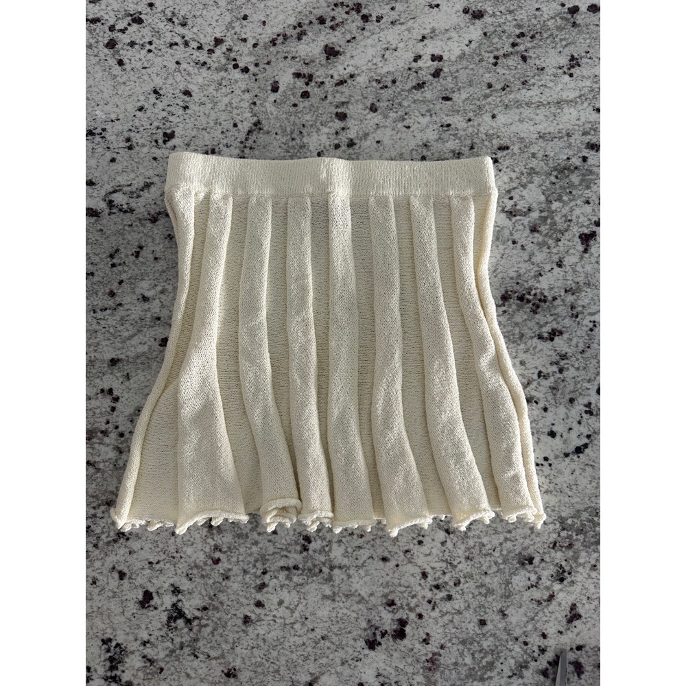 Free People Cream Solid Cream Ribbed Knit Pleated Flounce Mini Skirt S Small